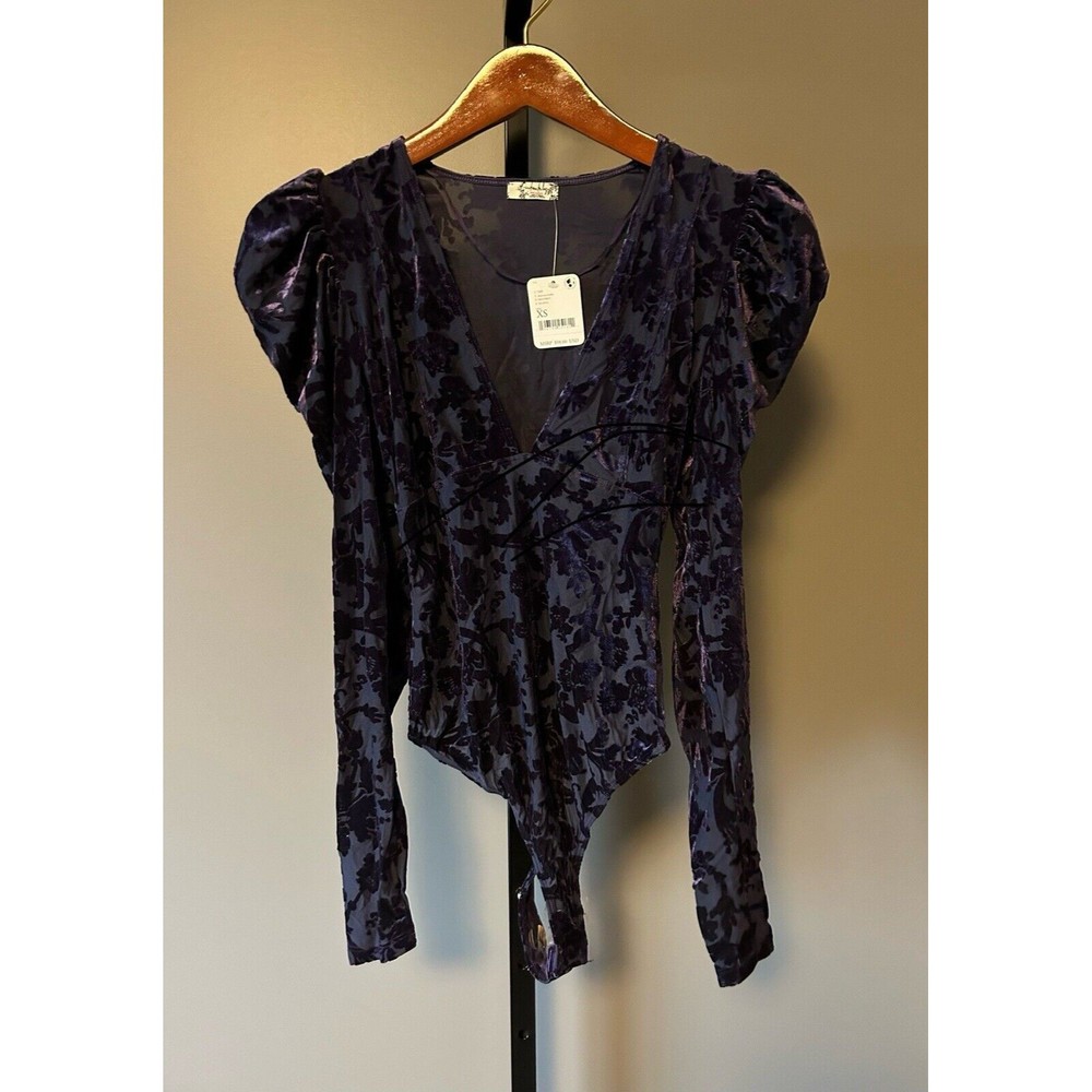 NWT Free People Velvet Bodysuit Deep Sea Combo V-Neck Puff Sleeve - Size XS